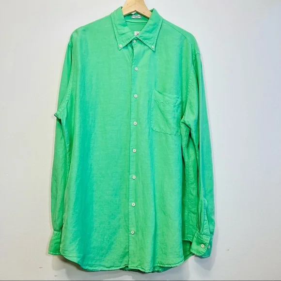 PETER MILLAR Mens Kelly Green Silk & Linen Long Sleeve Button Shirt Size LARGE - Picture 2 of 5